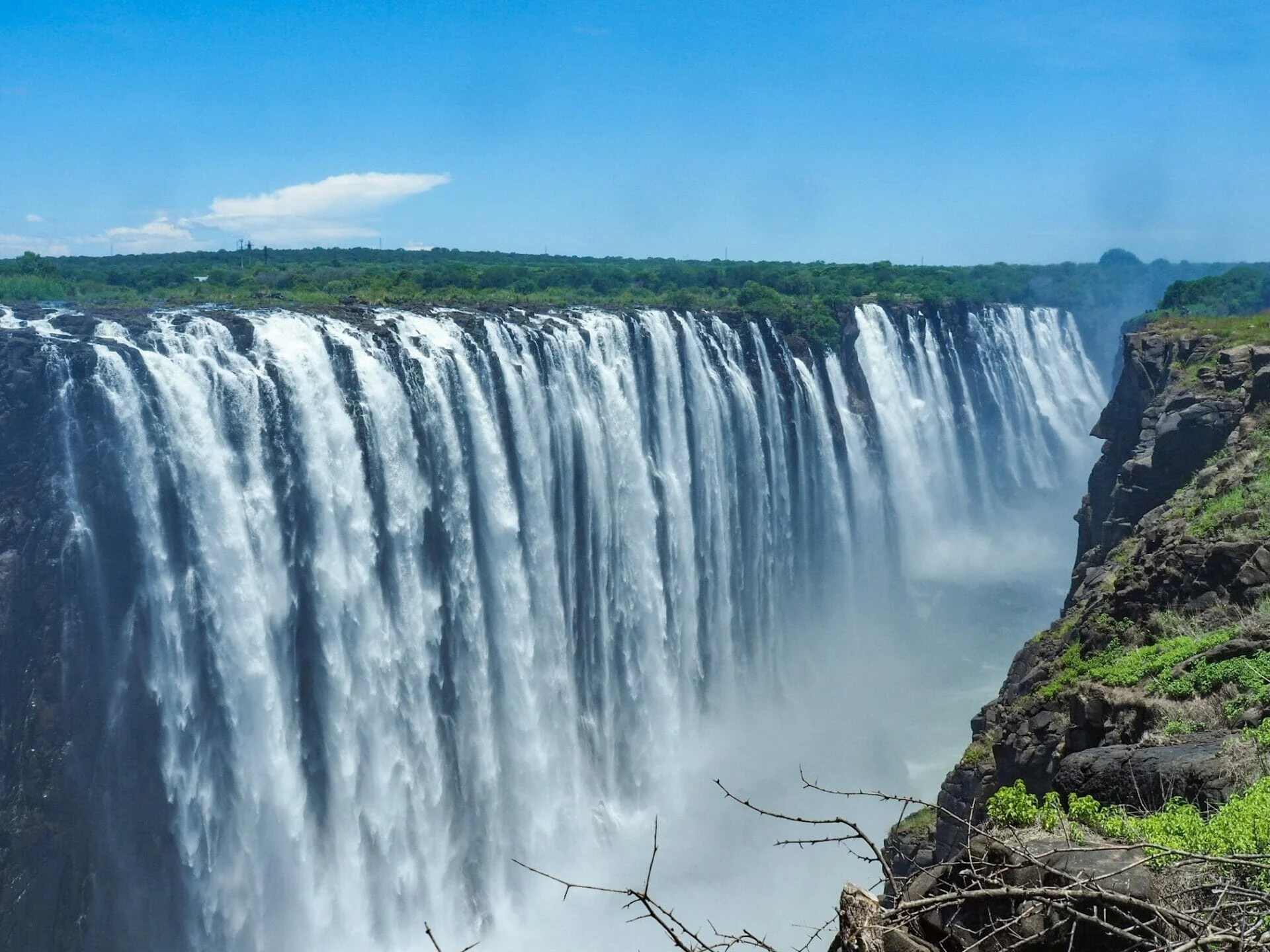Victoria Falls pouring into the gorge beneath a blue sky